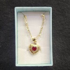 Gold Heart Pendant Necklace with Red Accent